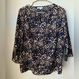 MINNA Women’s Black w/ Brown Tan White Floral Print 3/4 Sleeve Blouse